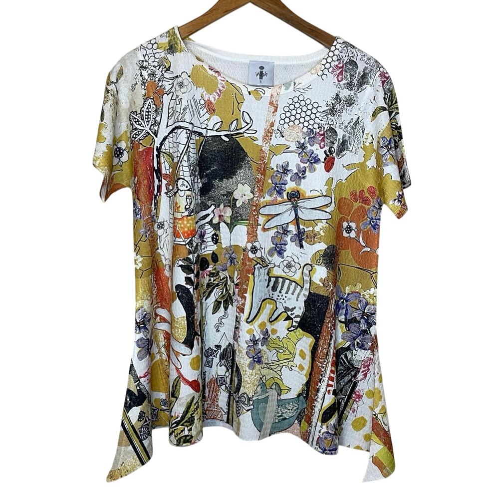 INOAH Boho Cat & Bird Floral Print Relaxed Peplum Style Short Sleeve Top Small